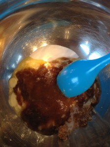 Melted butter and brown sugar into caster sugar